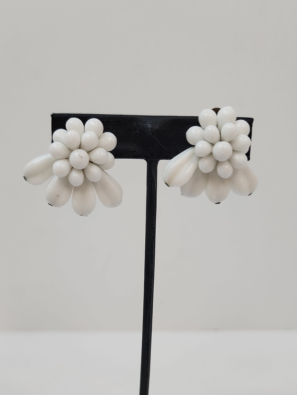 Vintage Western Germany White Milk Glass Flower Clip Earrings